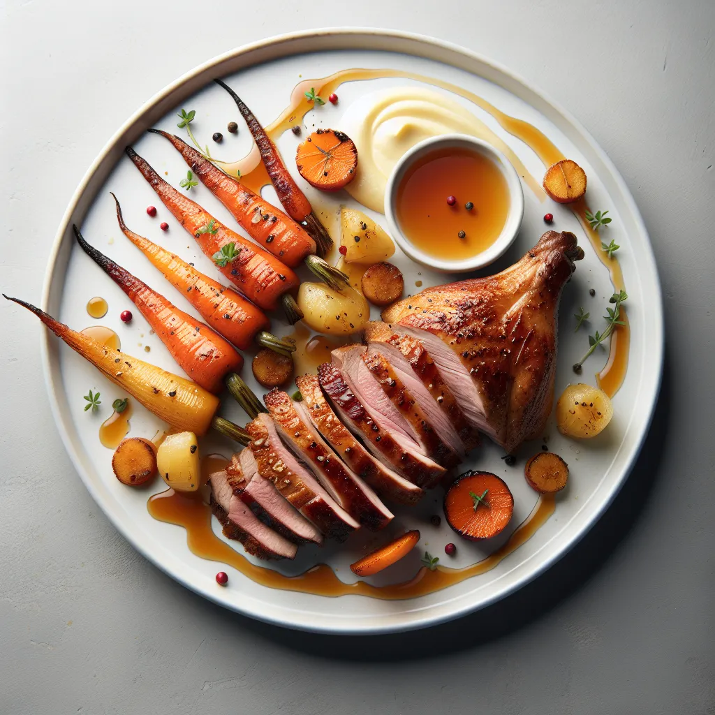 Roasted Duck with Honey-Glazed Carrots and Parsnip Puree