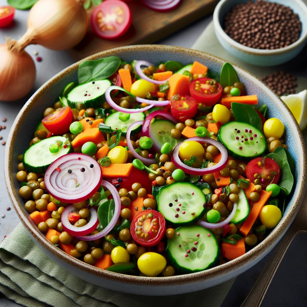 Salade de lentilles aux légumes et vinaigrette à la moutarde