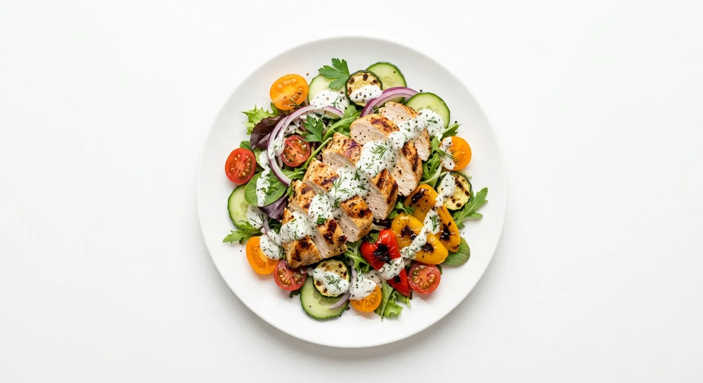 Salade de poulet grillé aux légumes et vinaigrette au yaourt