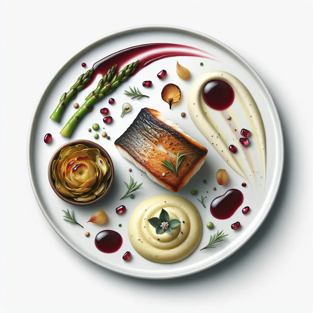Seared Sea Bass with Jerusalem Artichoke Puree and Pomegranate Reduction