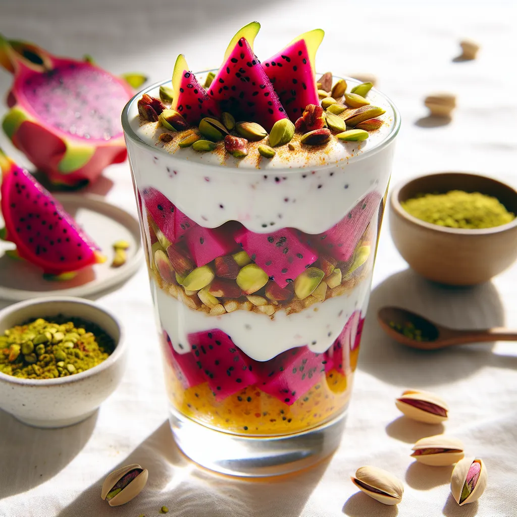 Exotic Spiced Breakfast Parfait with Dragon Fruit and Pistachios