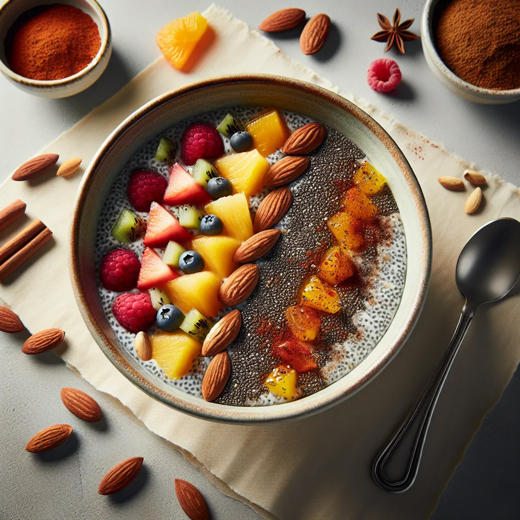 Spiced Chia Pudding with Tropical Fruits and Almonds
