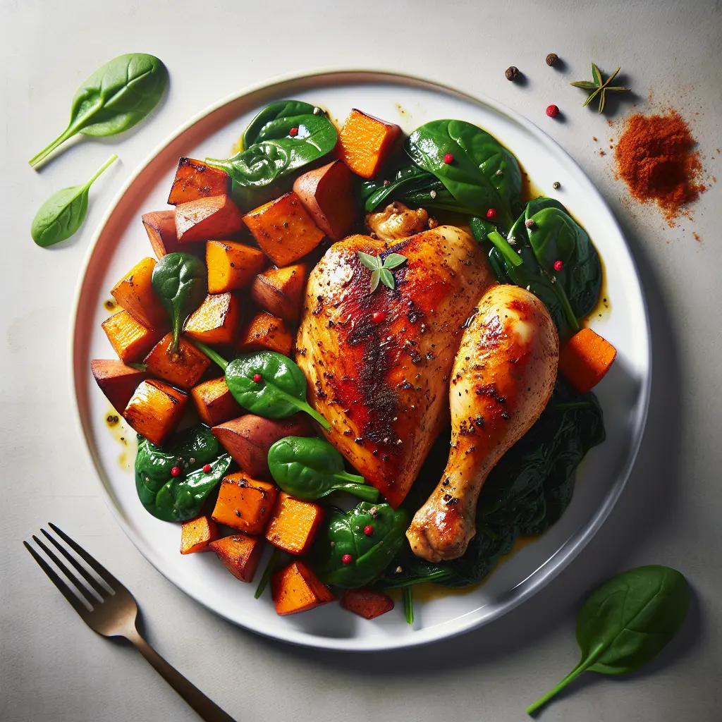 Spiced Chicken with Roasted Sweet Potatoes and Spinach