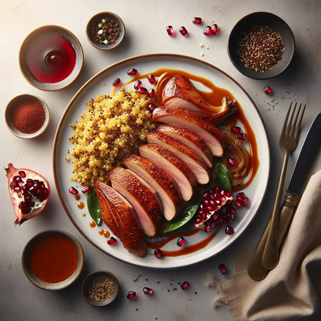 Exotic Spiced Duck Breast with Pomegranate Glaze and Quinoa Pilaf