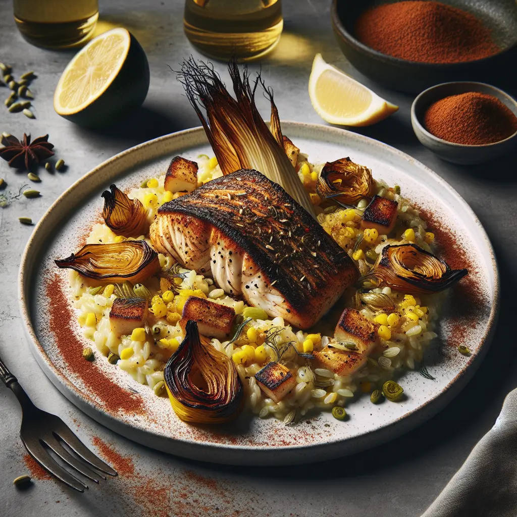 Exotic Spiced Grilled Monkfish with Saffron Risotto and Roasted Fennel