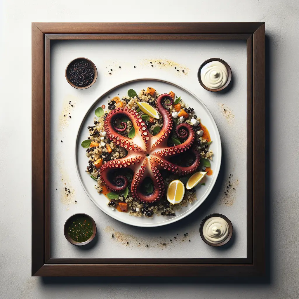 Exotic Spiced Grilled Octopus with Black Garlic Aioli and Quinoa Salad