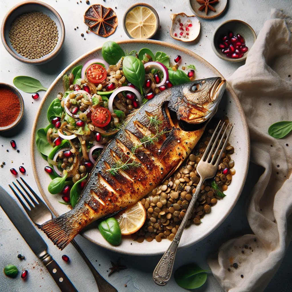 Exotic Spiced Grilled Sea Bream with Lentil and Pomegranate Salad