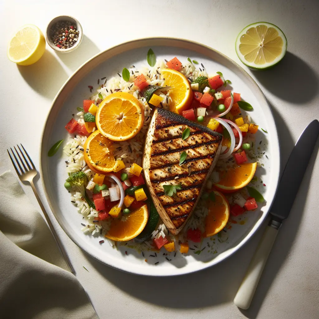 Exotic Spiced Grilled Swordfish with Citrus Salsa and Wild Rice