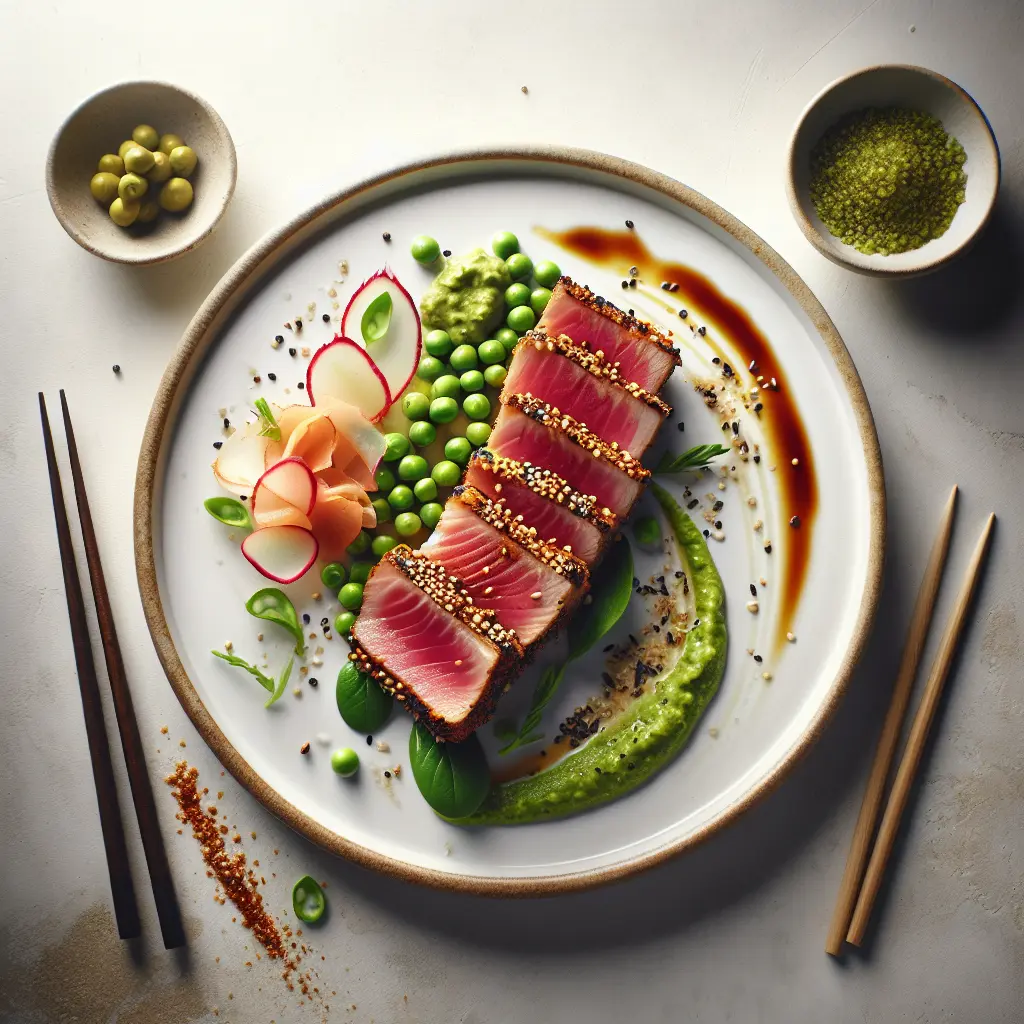 Exotic Spiced Grilled Tuna with Wasabi Pea Purée and Pickled Radish