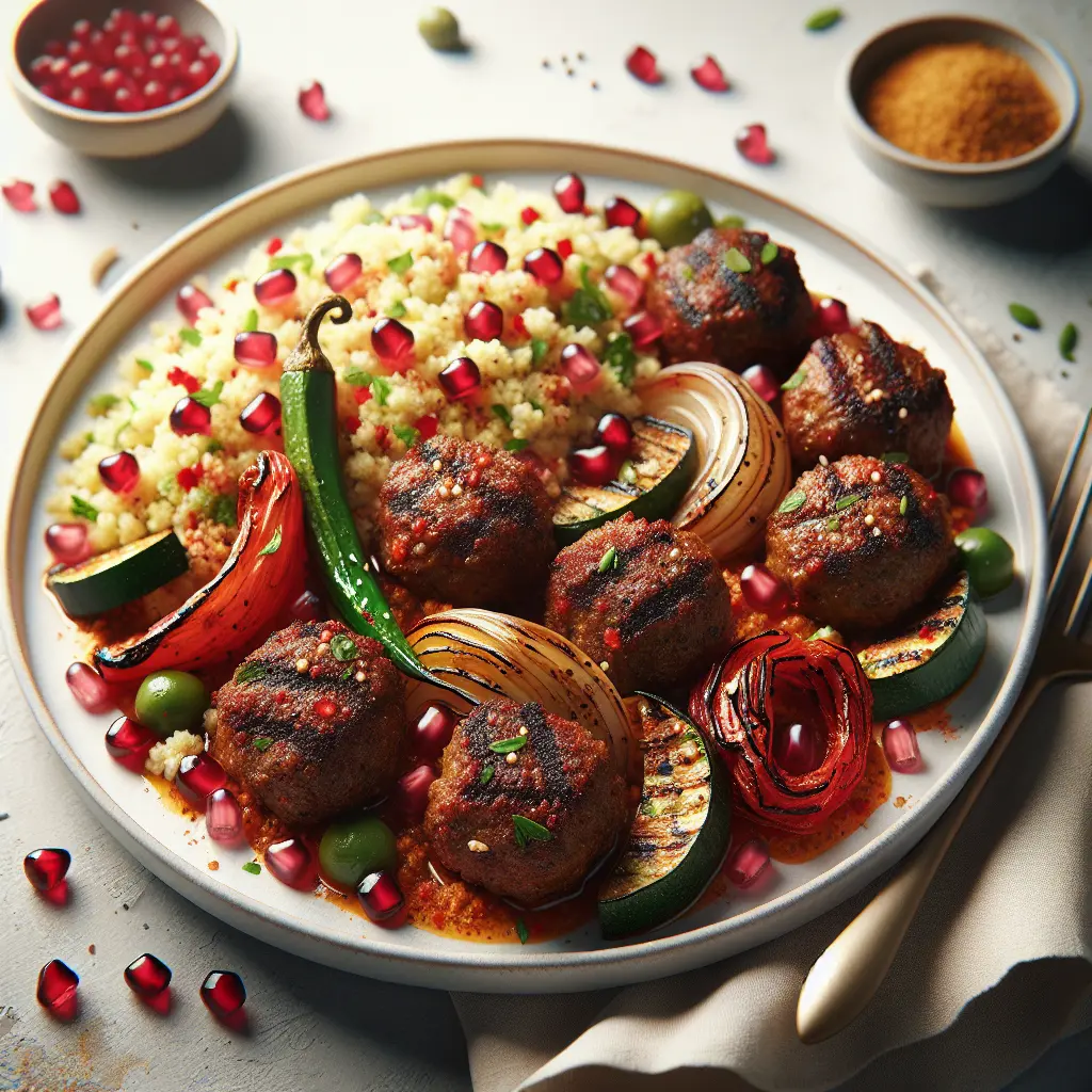 Exotic Spiced Lamb Kofta with Pomegranate Couscous and Grilled Vegetables