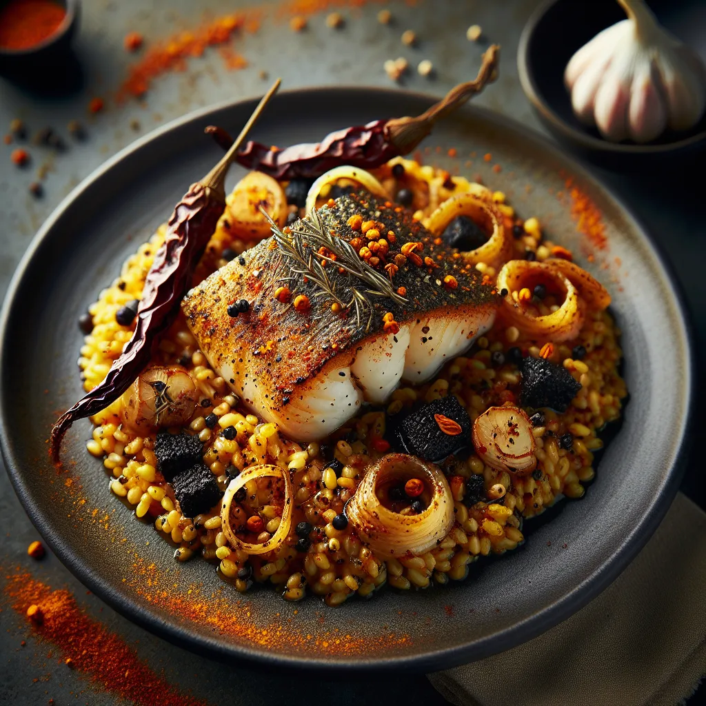 Exotic Spiced Monkfish with Black Garlic and Saffron Barley