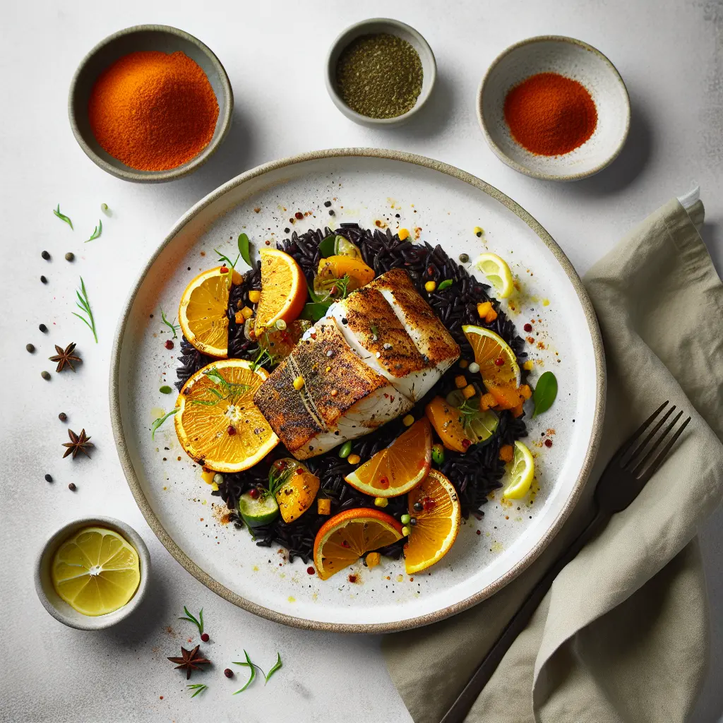 Exotic Spiced Monkfish with Black Rice and Citrus Salad