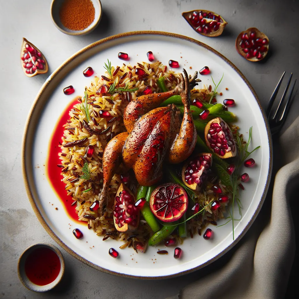 Exotic Spiced Quail with Pomegranate Glaze and Wild Rice Pilaf