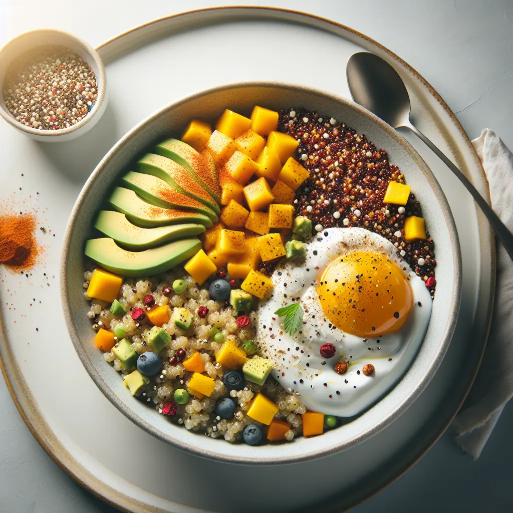 Exotic Spiced Quinoa Breakfast Bowl with Mango and Pistachios