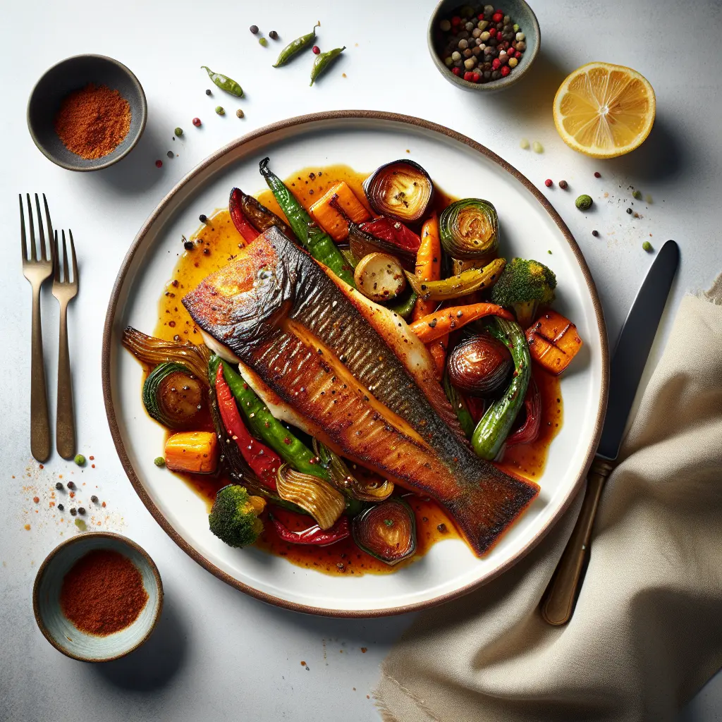 Exotic Spiced Sea Bass with Tamarind Glaze and Roasted Vegetables