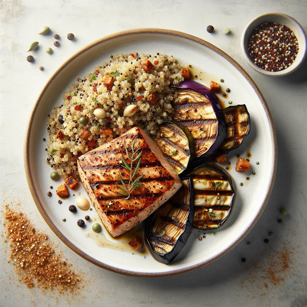 Exotic Spiced Swordfish with Quinoa and Grilled Eggplant