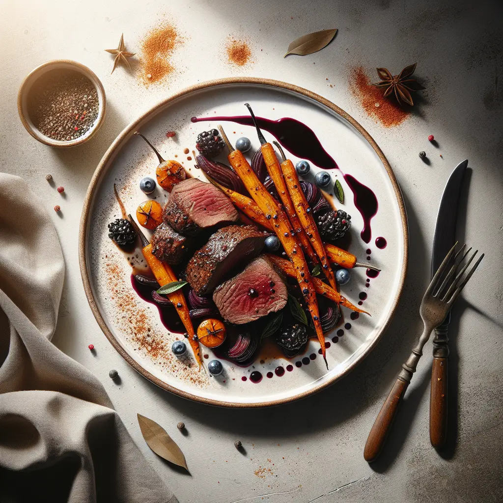 Exotic Spiced Venison with Blackberry Sauce and Roasted Root Vegetables