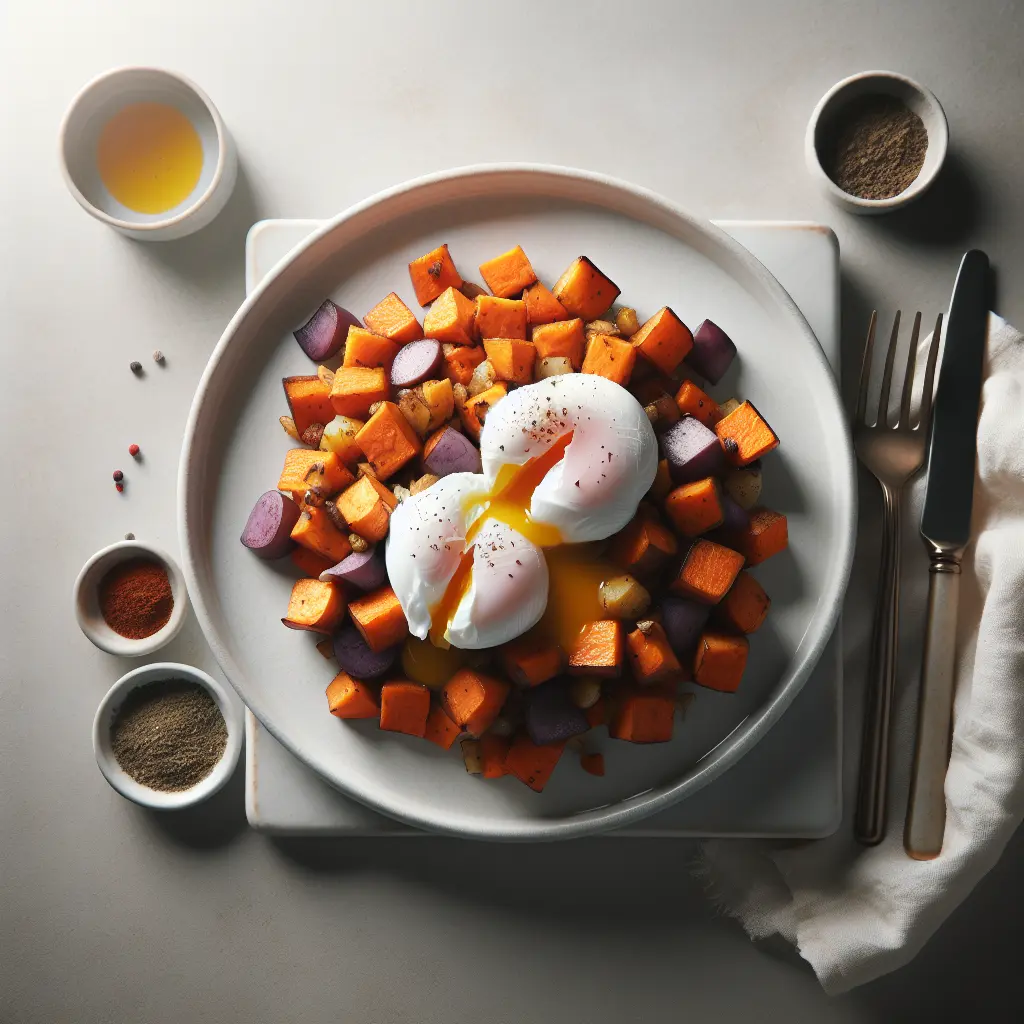 Sweet Potato and Boiled Potato Hash with Poached Eggs