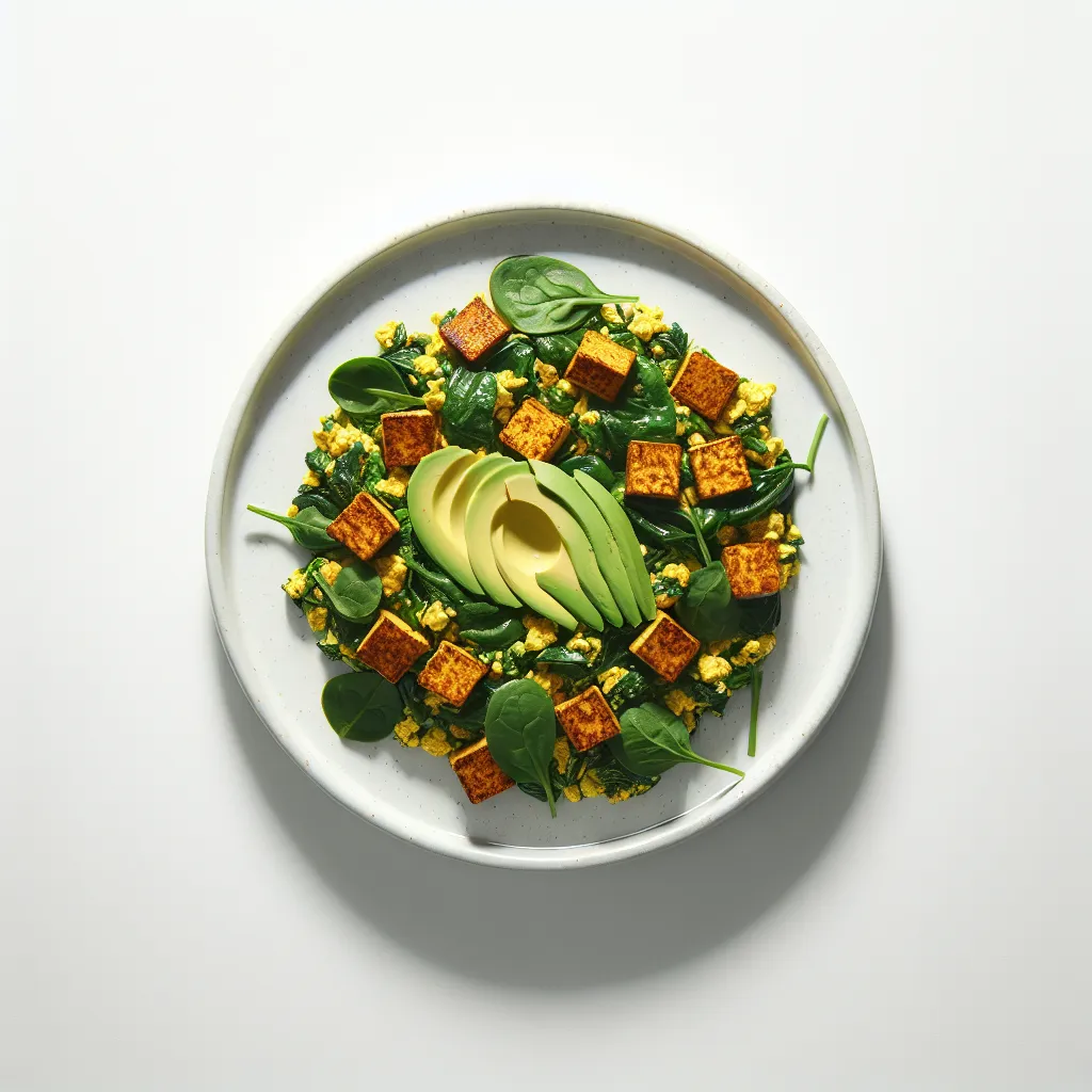 Spicy Tofu and Spinach Scramble with Avocado