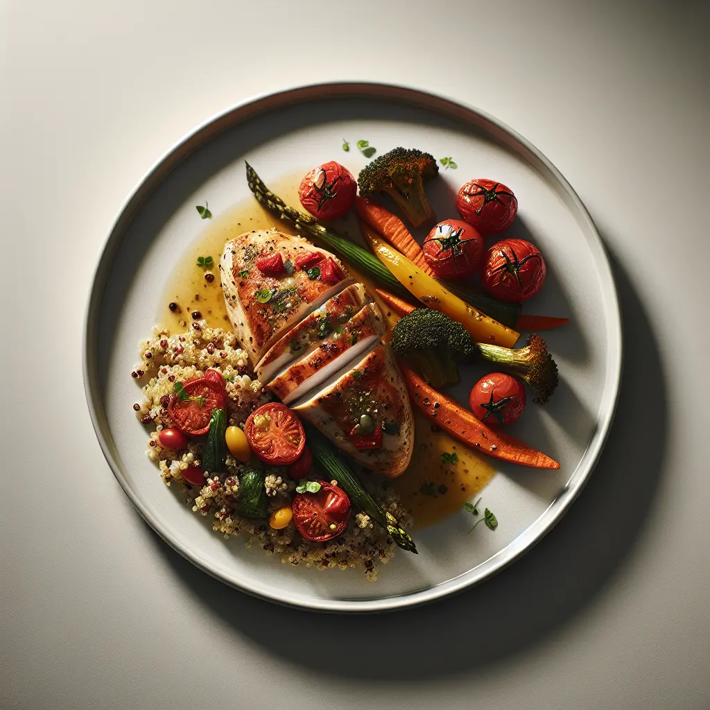 Tomato and Herb Stuffed Chicken Breast with Quinoa and Roasted Vegetables
