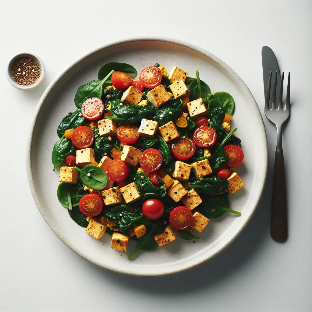 Vegan Breakfast Tofu Scramble with Spinach and Tomatoes