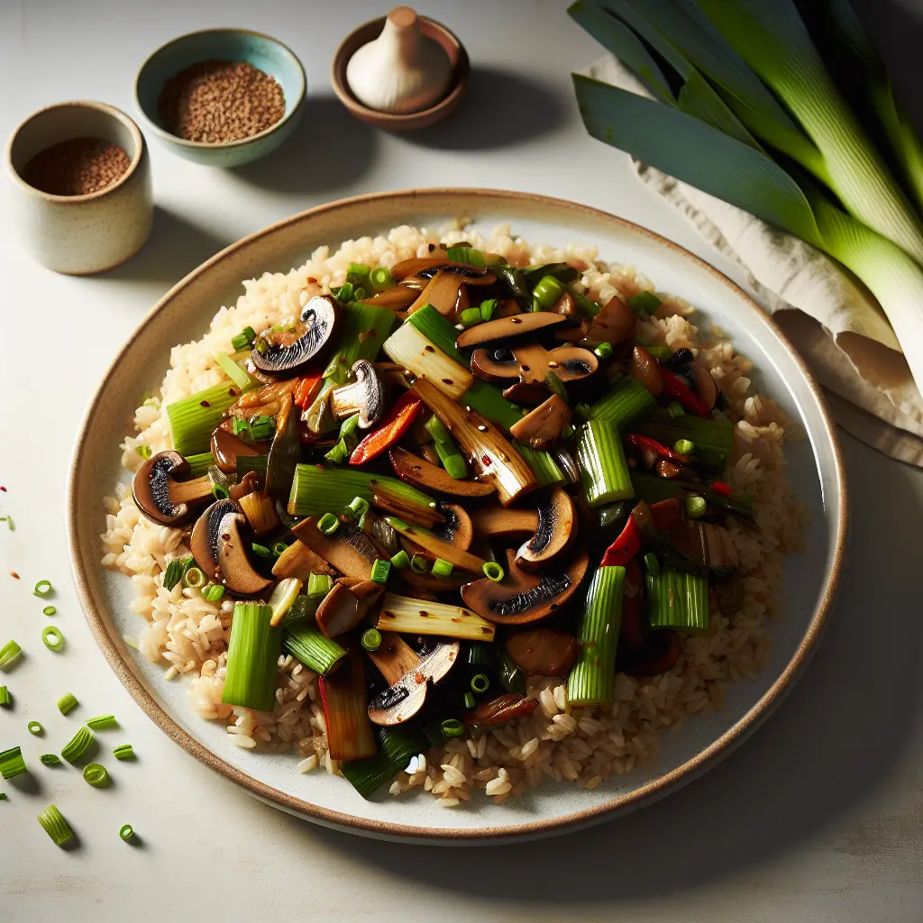 Vegan Leek and Mushroom Stir-Fry with Brown Rice