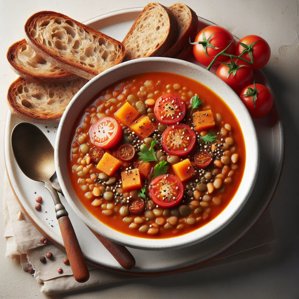 Vegan Tomato and Lentil Soup with Whole Grain Bread