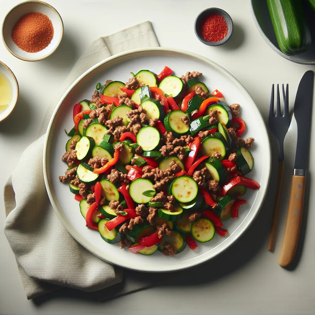 Zucchini and Red Bell Pepper Stir-Fry with Ground Beef