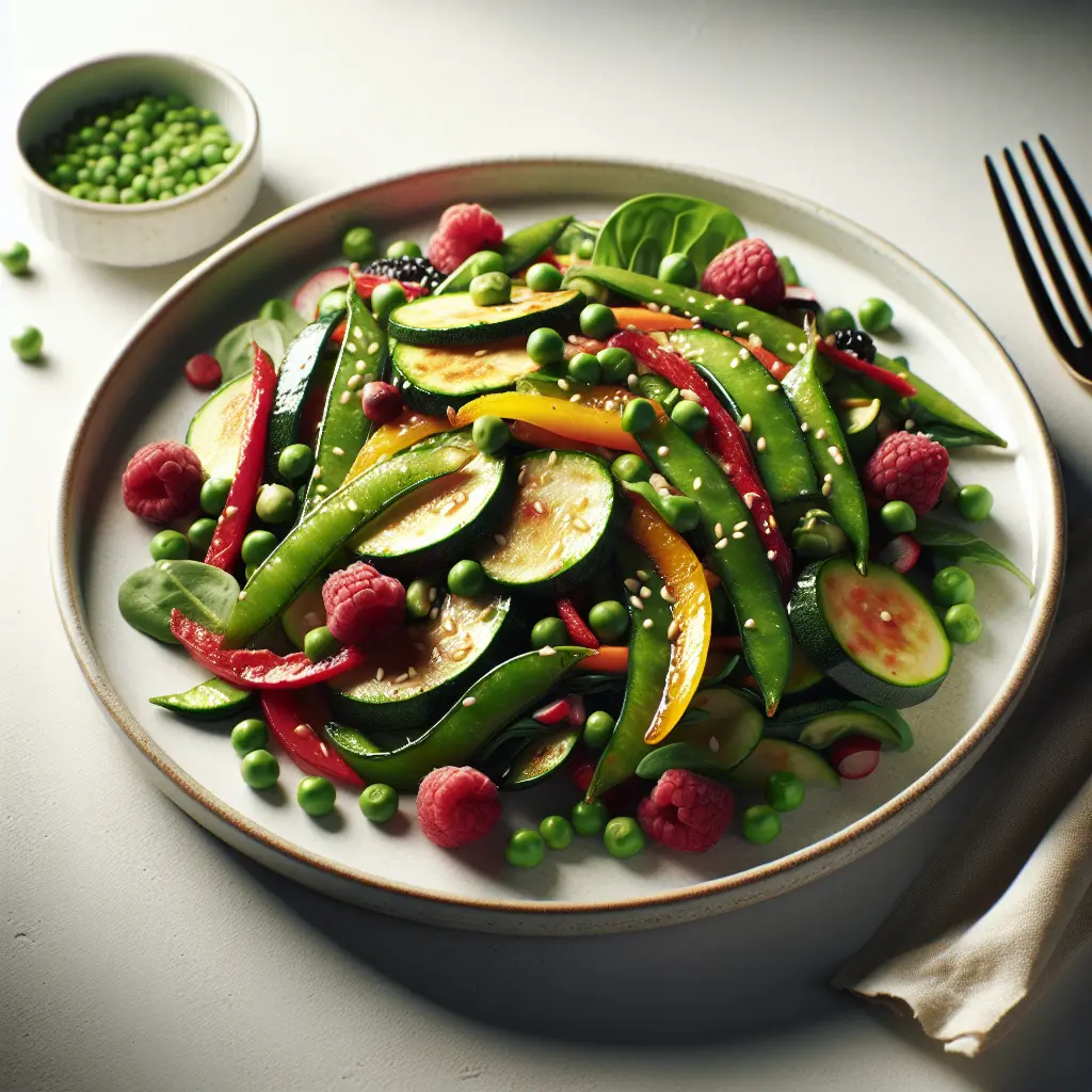 Zucchini and Snap Pea Stir-Fry with Berry Salad