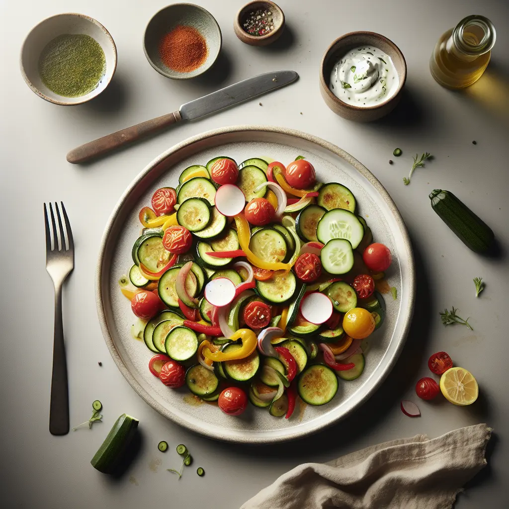 Zucchini and Tomato Stir-Fry with Cucumber Radish Yogurt Sauce