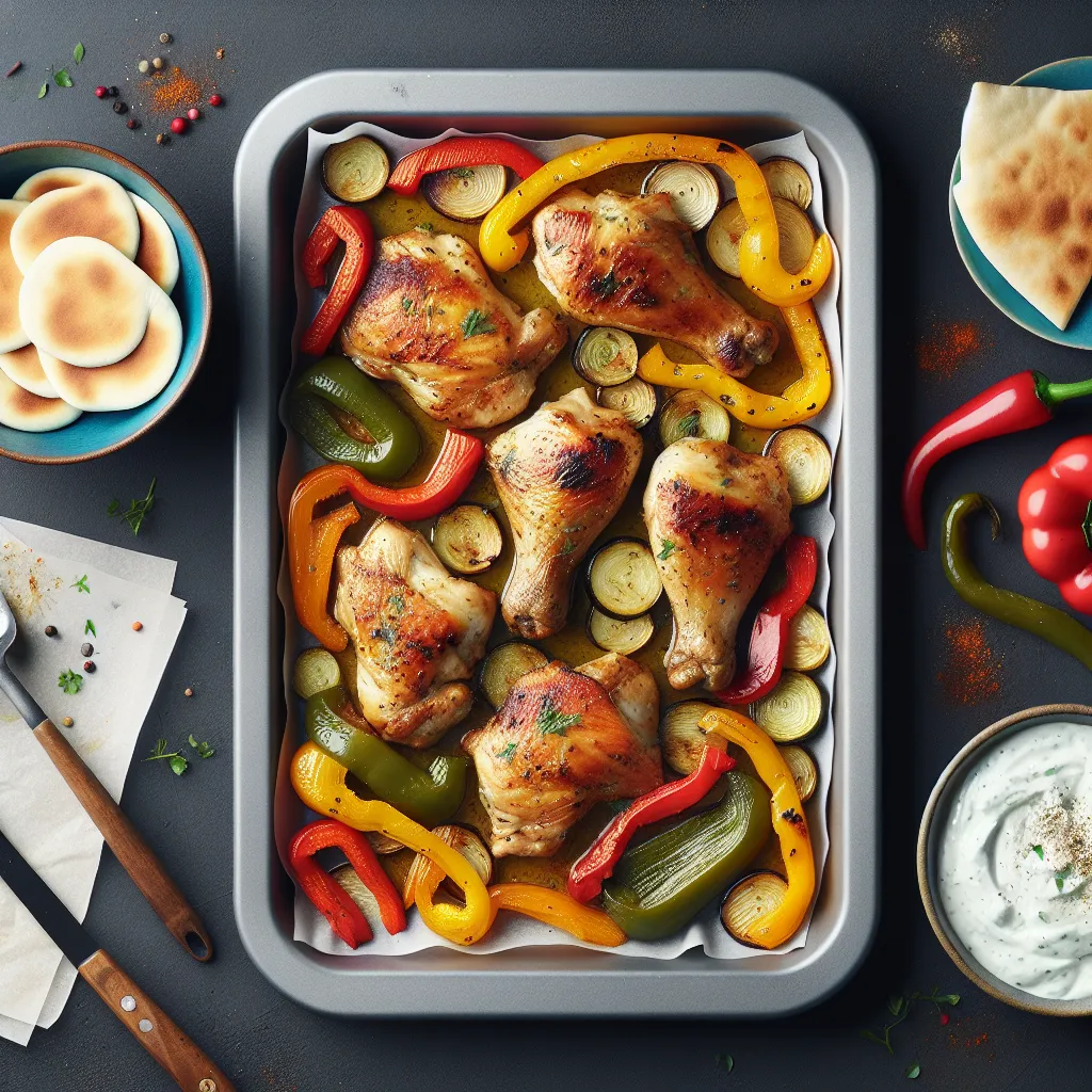 Mediterranean Sheet Pan Delight: Chicken, Veggies, and Tzatziki Bliss