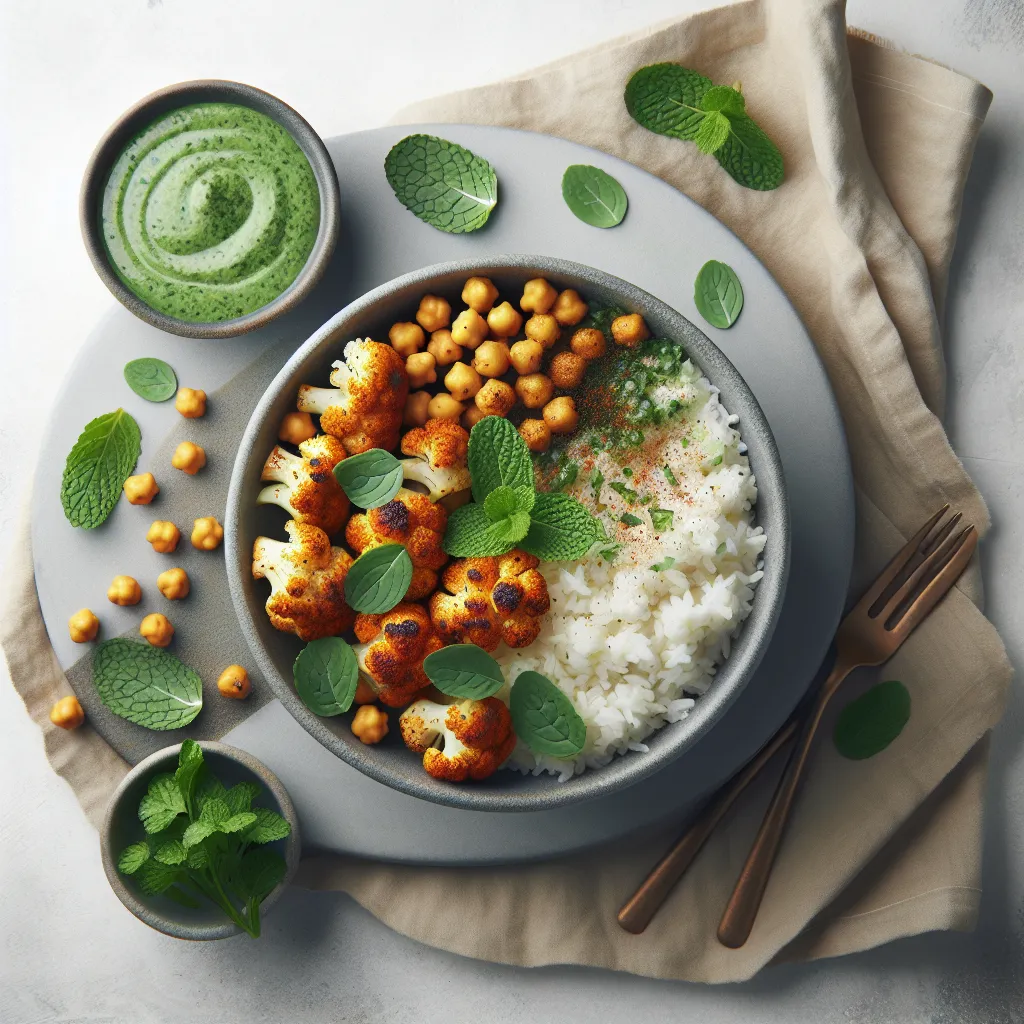 Spiced Cauliflower and Chickpea Delight with Zesty Mint Sauce