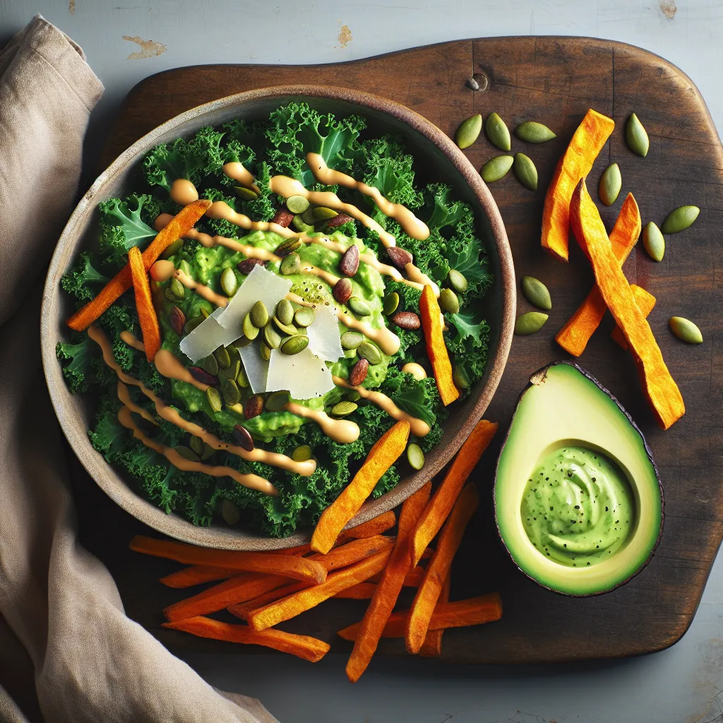 Kale Yeah! Avocado Caesar Salad with a Side of Crispy Sweet Potato Fries