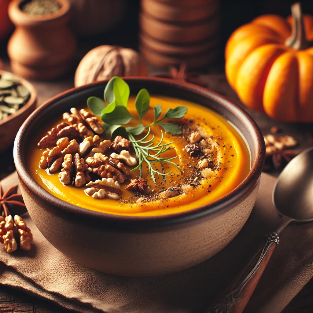 Roasted Pumpkin Soup with Spiced Walnut Topping