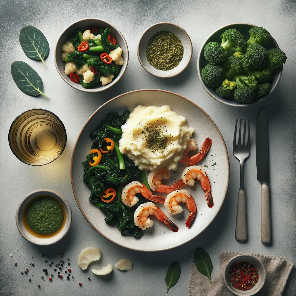 Spice Up Your Dinner: Shrimp, Creamy Cauliflower, and Garlicky Greens