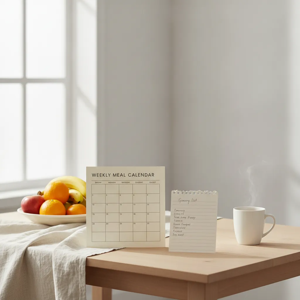 A paper weekly meal calendar on a kitchen table with a grocery list and a bowl of fruit