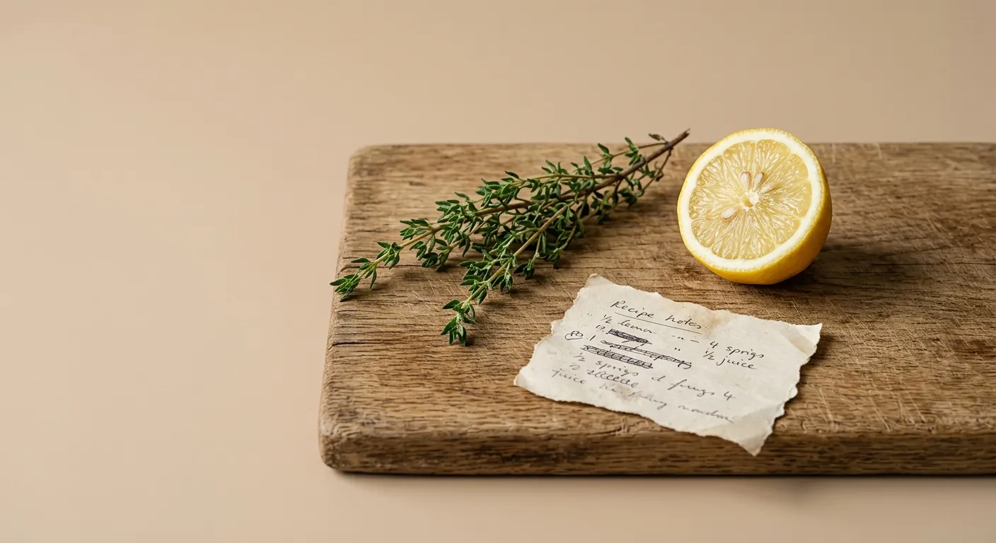 A sprig of herbs, a lemon and a torn page of cooking notes on a wooden board