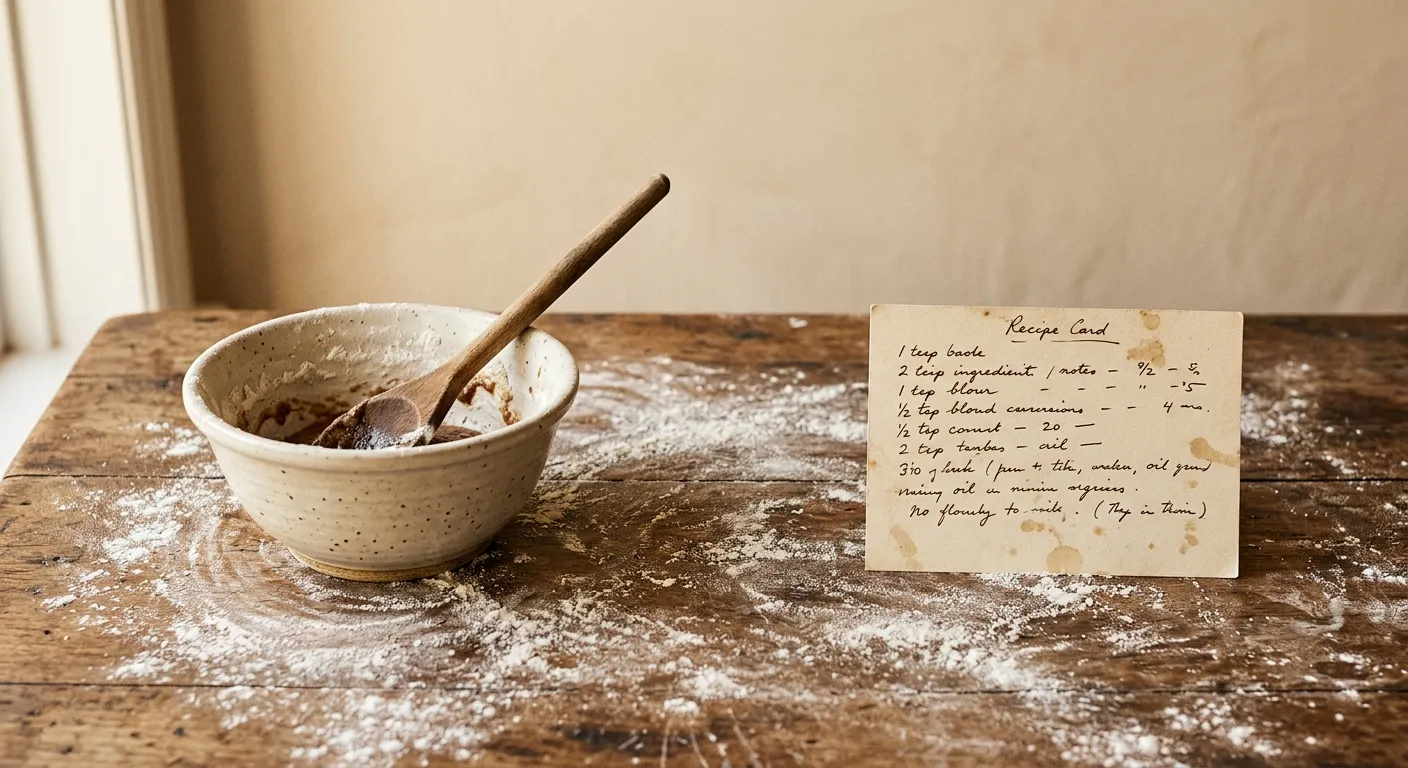 A handwritten recipe card on a flour-dusted table next to a mixing bowl