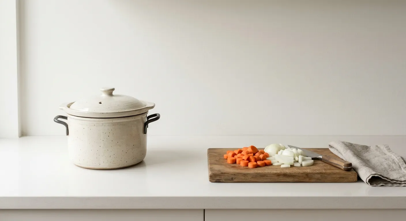 A slow cooker on a kitchen counter beside a chopping board of carrots and onions