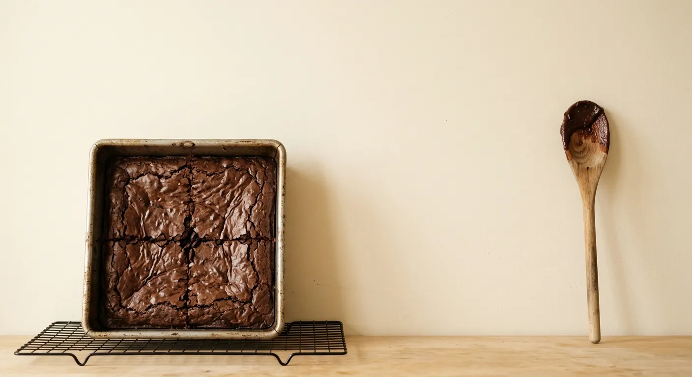 A square tin of brownies cooling on a rack in a home kitchen