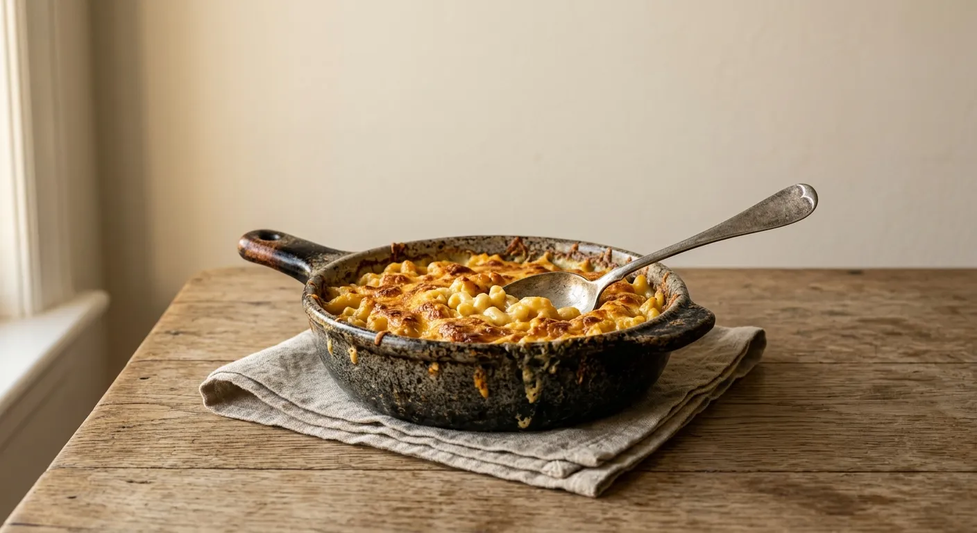 A baking dish of mac and cheese with a spoon resting in it