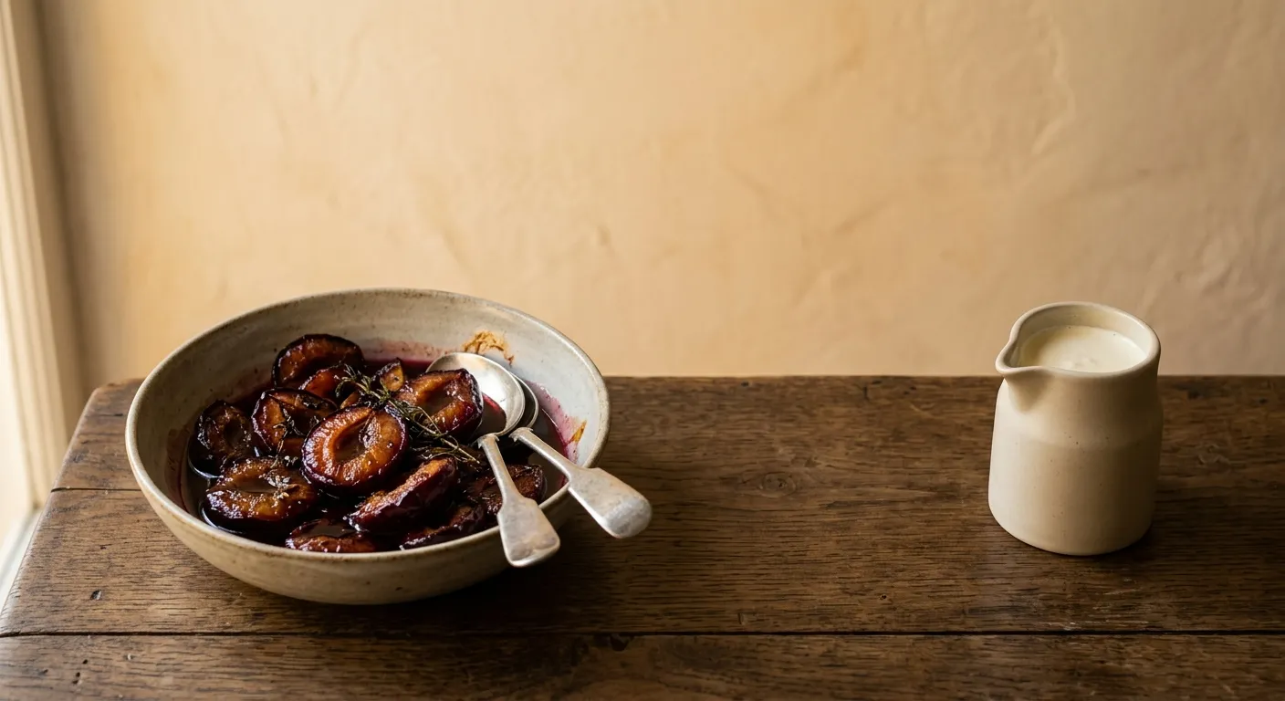 A bowl of roasted fruit and a jug of cream on a kitchen table