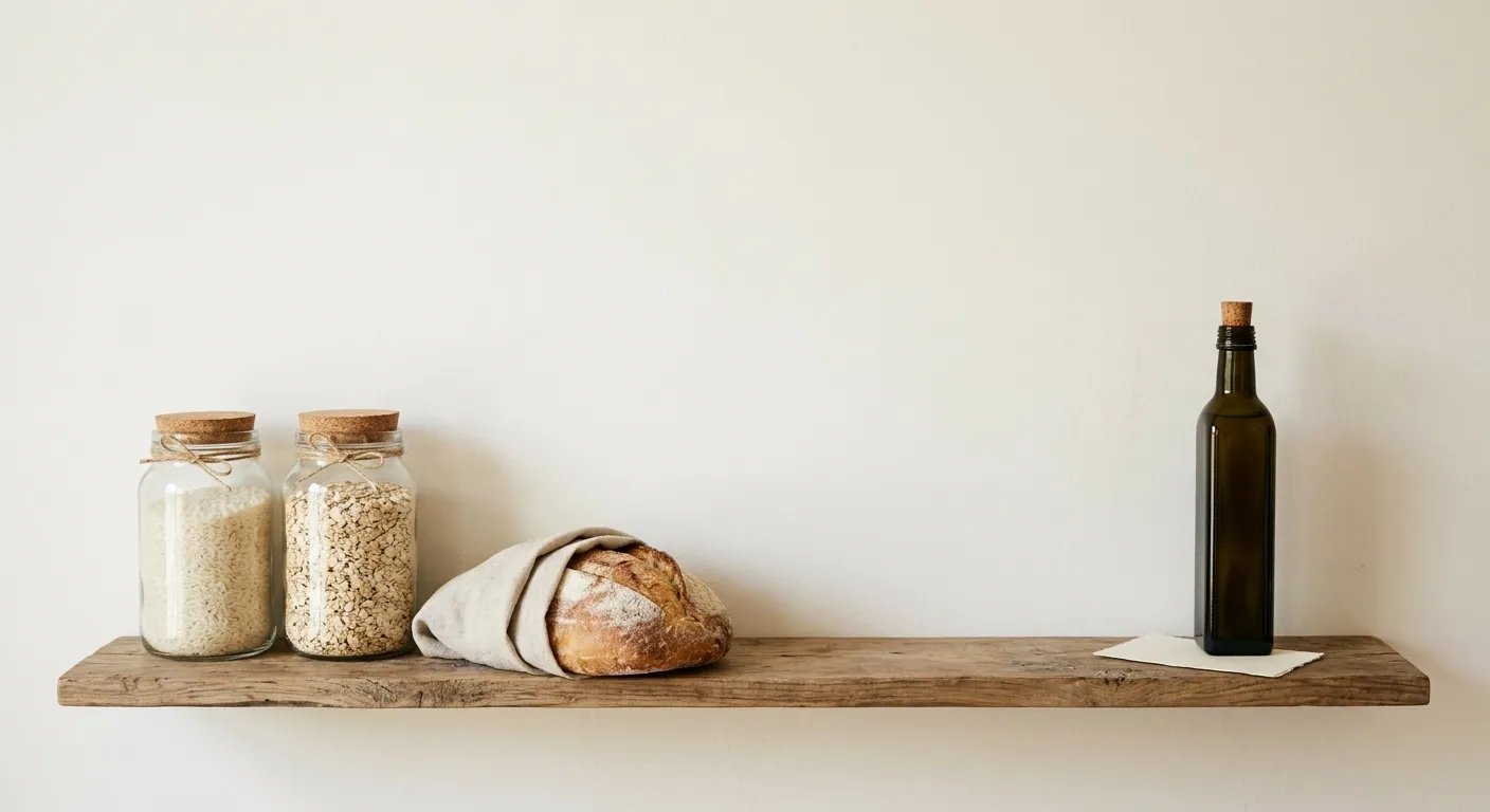 Kitchen jars and a simple handwritten note of foods to avoid, beside a loaf and olive oil
