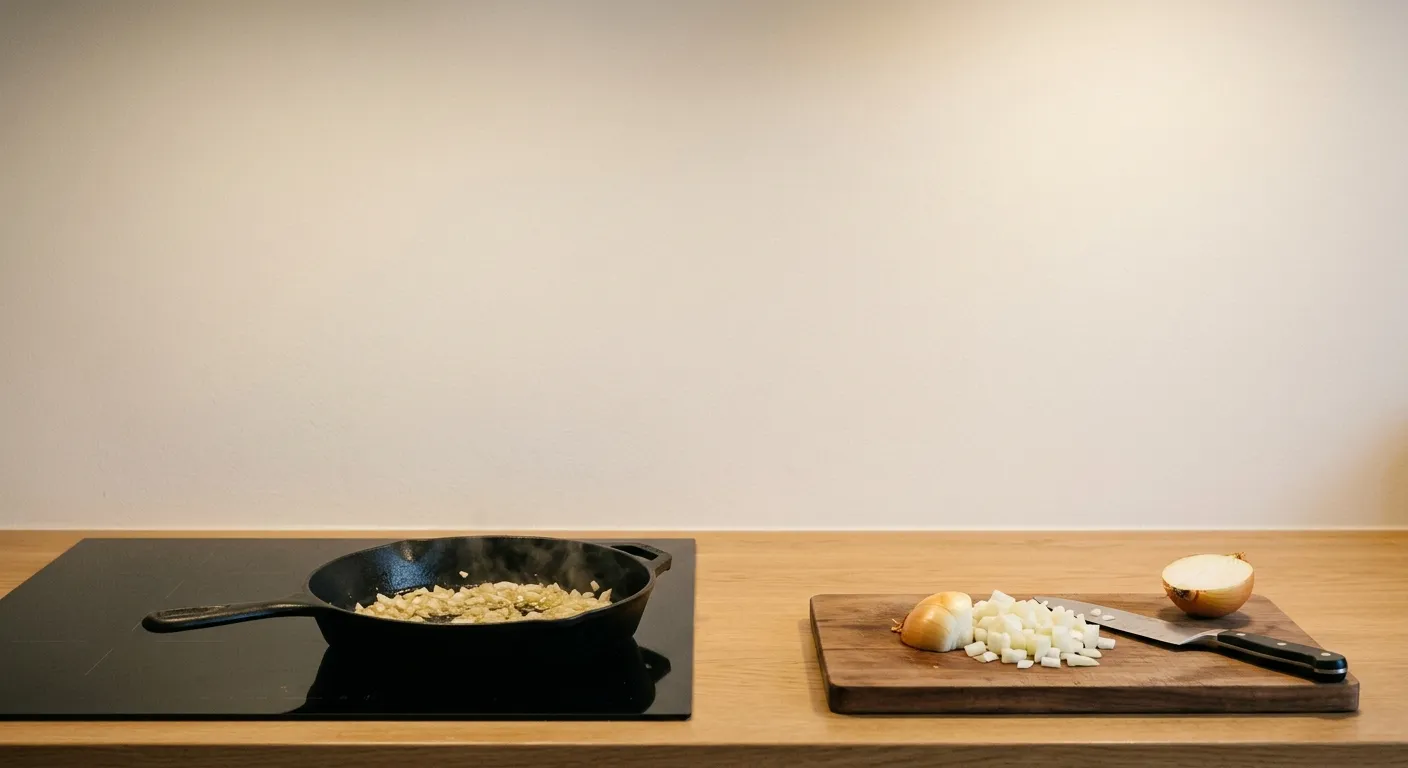 A weeknight kitchen with a pan on the stove and a chopping board of onions