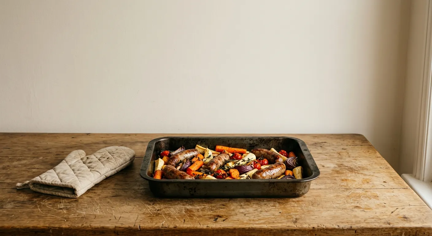 A single roasting tray of vegetables and sausages on a kitchen counter