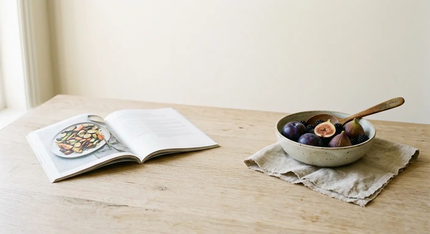 An open food magazine on a kitchen table beside a bowl of seasonal fruit and a wooden spoon