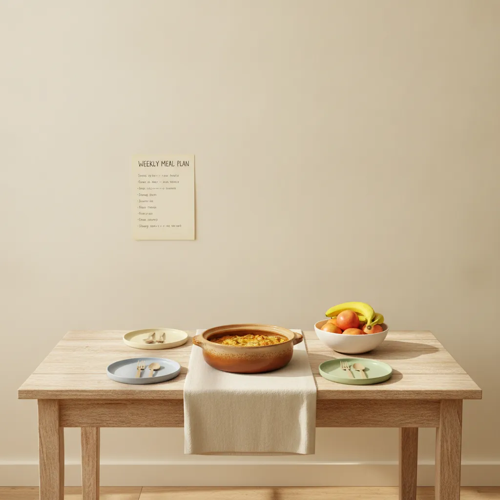 A family kitchen table set for dinner with a simple shared main dish and a handwritten weekly plan