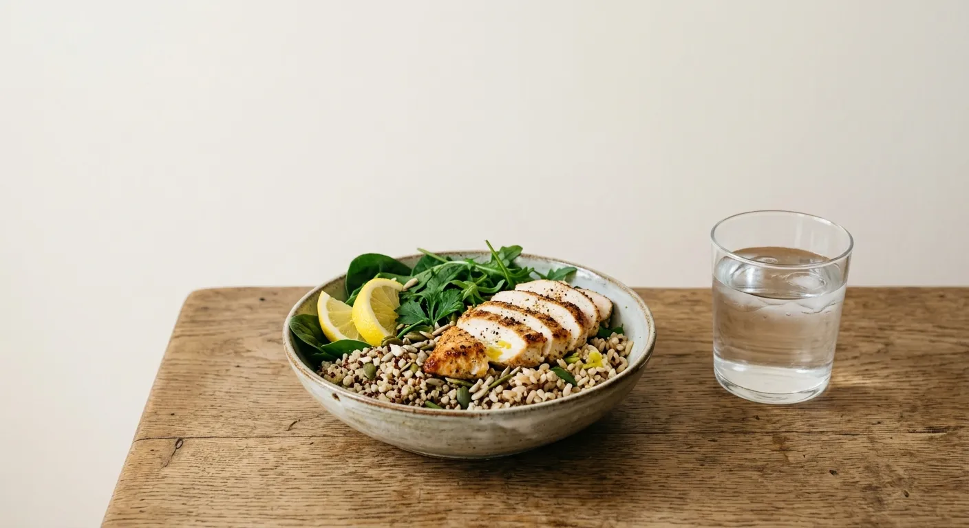 A lunch bowl of grains, greens, chicken and lemon on a kitchen table