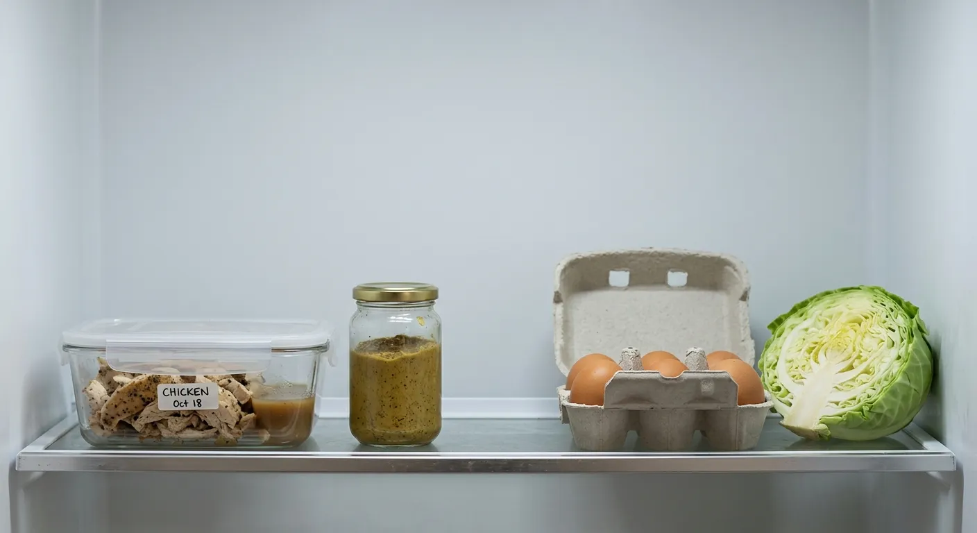 A fridge shelf with leftover chicken, a jar of mustard, eggs and half a cabbage