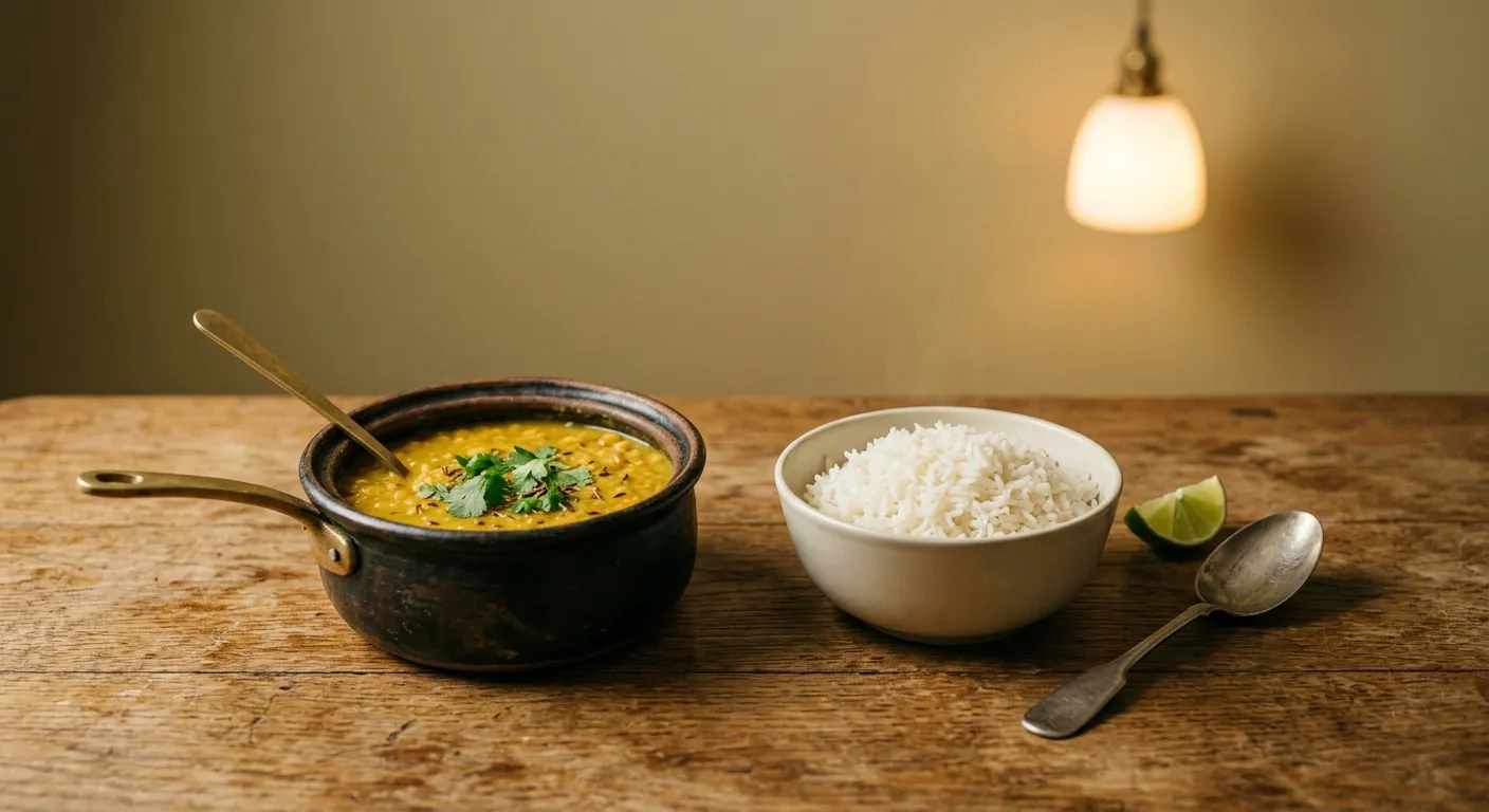 A pot of dal with rice, lime and a spoon on a weeknight table